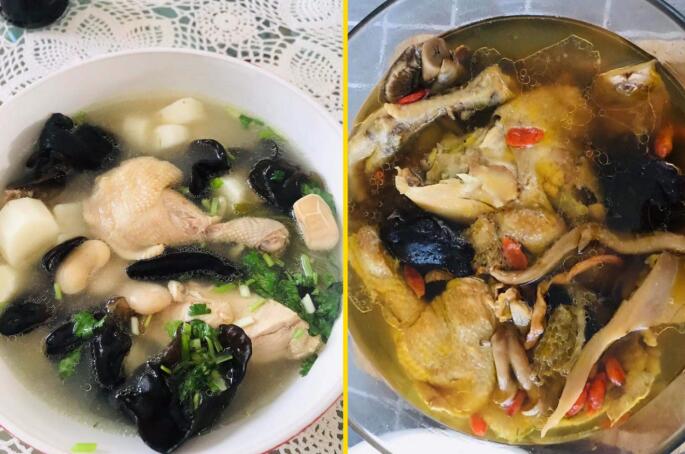 刘爱萍用美食团买来的食材制作的鸡汤